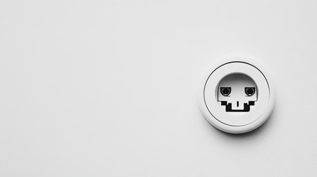 Unique and playful power socket featuring a skull motif, set against a minimalist white wall, perfect for adding a quirky touch to any space or interior design project.の素材