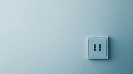 Clean and minimalist electric outlet on a smooth light blue wall, ideal for modern interior design. Captures simplicity and functionality in a serene aesthetic setting.の素材