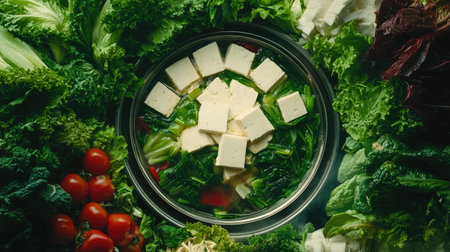 A visually appealing bowl filled with tofu and a variety of fresh greens, surrounded by vibrant cherry tomatoes, symbolizing healthy and delicious cooking options.の素材