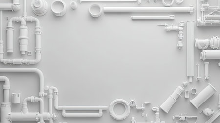 A creative layout featuring white pipes and fittings on a clean surface, ideal for plumbing, construction, and industrial projects. Perfect for design and engineering purposes.の素材