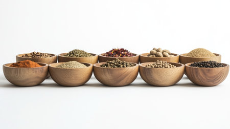 Discover a stunning collection of spices displayed in natural wooden bowls, highlighting their vibrant colors and unique textures, perfect for culinary inspiration and healthful cooking.の素材