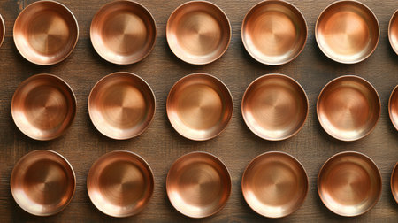 A stunning overhead view of copper bowls arranged on a wooden surface, highlighting their unique texture and elegance for culinary inspiration and decorative artistry.の素材