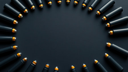 A creative arrangement of battery cylinders is displayed in a circular pattern on a dark surface, ideal for themes related to energy, technology, and electrical devices.の素材