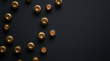 A visually striking arrangement of round gold batteries on a dark surface, perfect for illustrating concepts related to technology, energy, and modern design.の素材