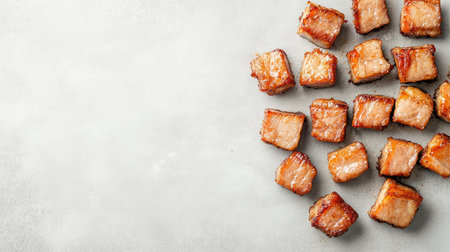 A visually appealing arrangement of golden-brown crispy roasted pork belly pieces on a textured light background, perfect for showcasing in food-related content and culinary designs.の素材