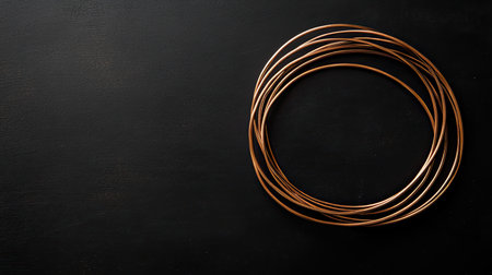 An elegant circular arrangement of copper wire loops set against a dark background. This image highlights minimalism and modern design, perfect for creative projects or artistic concepts.の素材