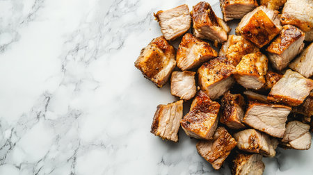 Savor the appeal of these perfectly cooked crispy pork belly cubes arranged artistically on a stylish marble surface, ideal for food photography and culinary inspiration.の素材