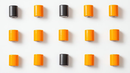 A visually striking arrangement of colorful batteries in orange and black, thoughtfully placed on a clean white backdrop, highlights modern design and everyday utility.の素材
