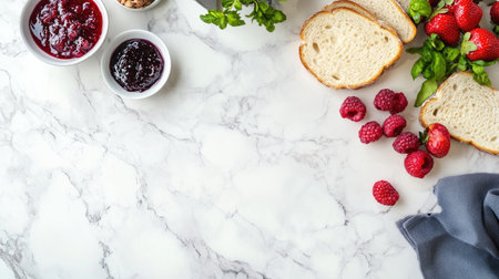 Delight in a beautifully arranged breakfast setup featuring fresh breads, vibrant berries, delicious jams, and herbs on a sleek marble table, perfect for any meal occasion.の素材
