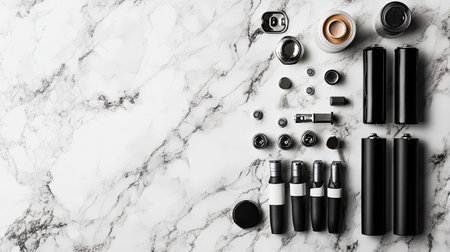 This image showcases a diverse collection of black cosmetic bottles and accessories meticulously arranged on a stylish marble surface, perfect for beauty and skincare presentations.の素材