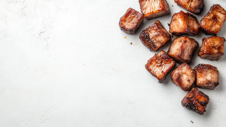 Visually appealing grilled meat cubes arranged on a light surface, showcasing the rich textures and flavors ideal for any culinary project or food-related content.の素材