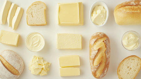 A delightful assortment of dairy products and fresh bread showcasing cheese, butter, and spreads. Perfect for meal prep or culinary inspiration with various textures and flavors.の素材