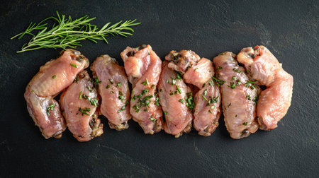 A stunning arrangement of raw chicken wings garnished with fresh herbs on a sleek black slate surface, perfect for showcasing poultry preparation in culinary creations.の素材