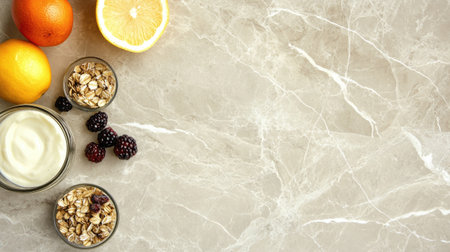 Explore a visually appealing arrangement of healthy breakfast components, featuring yogurt, citrus fruits, oats, and berries, all set on a smooth marble surface for a fresh and nutritious start.の素材