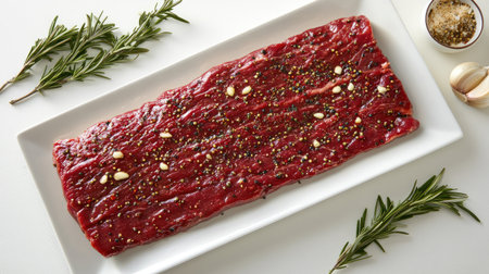 A vibrant display of fresh raw beef steak sprinkled with spices and garnished with garlic and rosemary, perfect for food photography and gourmet culinary presentations.の素材
