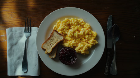 A mouthwatering breakfast plate featuring fluffy scrambled eggs, crispy toast, and rich jam, ideal for food lovers and morning meal enthusiasts seeking culinary inspiration.の素材