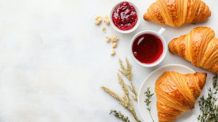 Enjoy a delightful arrangement of freshly baked croissants paired with rich jam and tea, perfect for a cozy breakfast or an elegant afternoon treat.の素材