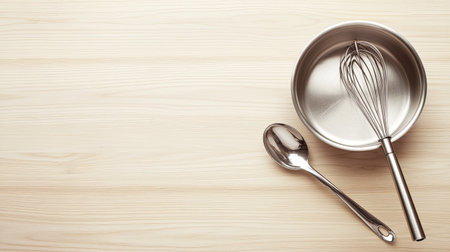 A minimalist kitchen setup featuring a shiny stainless steel whisk, a silver spoon, and an empty bowl on a light wooden surface, perfect for culinary activities and aesthetic presentation.の素材