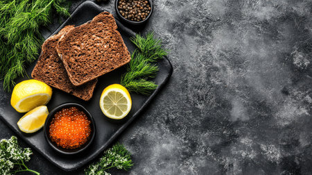 A visually appealing display of black bread slices accompanied by fresh lemon, dill, and orange caviar on a dark serving board, perfect for gourmet meals or appetizers.の素材