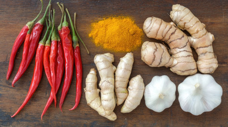 Explore the vibrant colors of fresh chilies, turmeric, ginger, and garlic, perfect for enhancing dishes and adding natural flavors to your culinary creations.の素材