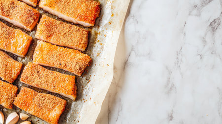 Delicious crispy baked salmon fillets arranged neatly on a baking tray with garlic, perfect for healthy meals and gourmet dining at home.の素材