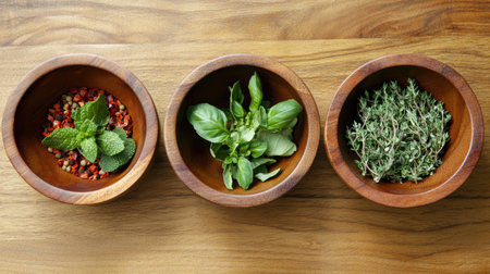 Discover a beautiful arrangement of fresh herbs in wooden bowls, featuring mint, basil, and thyme. Ideal for showcasing vibrant cooking ingredients and culinary creativity.の素材