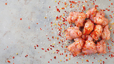 Aesthetic arrangement of raw chicken pieces covered with vibrant spices and sea salt placed on a textured concrete surface, ideal for culinary inspiration.の素材
