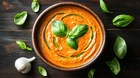 A creamy basil garlic sauce served in a rustic bowl, accentuated by fresh green herbs, creates an inviting and flavorful dish perfect for any culinary creation.の素材