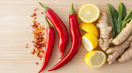Vibrant arrangement of red chili peppers, fresh ginger, sliced lemons, and dried chili flakes showcasing essential cooking ingredients on a wooden surface.の素材