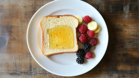 A beautiful breakfast scene featuring a slice of toast with honey served alongside fresh berries and banana. Ideal for showcasing delicious morning meals and healthy eating.の素材