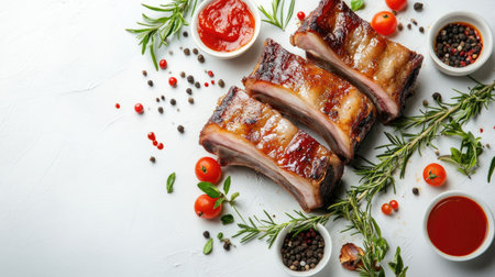 Succulent barbecued ribs rest on a clean white background, surrounded by fresh herbs, cherry tomatoes, and spices, highlighting a feast for meat lovers and culinary enthusiasts.の素材