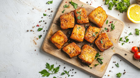 A delicious serving of crispy pan-seared tofu cubes, beautifully garnished with fresh herbs and spices, accompanied by a lemon on a rustic wooden board. Perfect for healthy meals.の素材