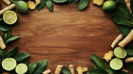 A vibrant display of limes, ginger, and green leaves arranged beautifully on a wooden surface, perfect for promoting natural wellness, fresh cooking, and culinary creativity.の素材