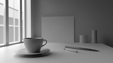 A minimalistic workspace featuring a coffee cup and writing instruments, enhanced by soft natural light from a nearby window, creating a serene and inspiring atmosphere.の素材