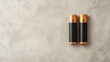 A pair of modern rechargeable batteries with a sleek black and gold design, positioned on a neutral textured background, highlighting the importance of sustainable energy solutions.の素材