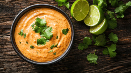 This image showcases a creamy orange sauce topped with fresh cilantro and accompanied by lime wedges, resting on a rustic wooden surface, ideal for enhancing dishes.の素材