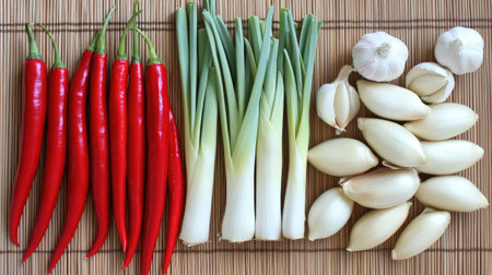 Vibrant arrangement of fresh red chilies, green onions, and garlic cloves on a bamboo mat, ideal for food styling, recipes, and healthy cooking inspiration.の素材