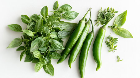 An artistic display of fresh green chili peppers alongside vibrant basil and oregano leaves on a clean white surface, perfect for food styling and culinary inspiration.の素材