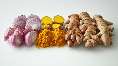 A stunning display of fresh red onion, turmeric root, and ginger, alongside ground turmeric. Perfect for highlighting vibrant and healthy ingredients in culinary art.の素材