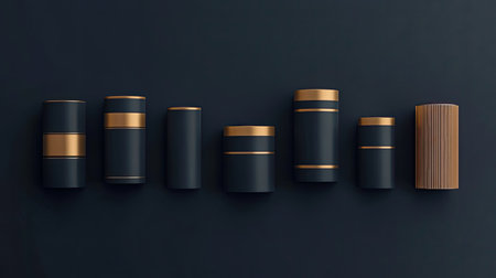 A stylish arrangement of cylindrical containers featuring elegant gold accents against a dark background, perfect for design inspiration and modern decor concepts.の素材