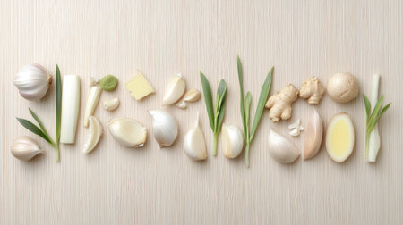 A beautiful arrangement of fresh vegetables and aromatic ingredients on a light wooden surface, perfect for culinary art, healthy meal prep, or recipe inspirations.の素材