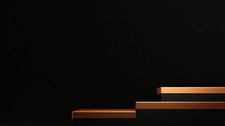 A modern minimalist image featuring a sleek black background with elegant wooden steps, perfect for creative projects, advertising, and showcasing sophisticated design elements.の素材