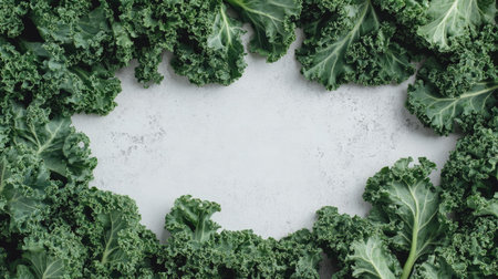 A vibrant arrangement of fresh green kale leaves surrounds a textured background, ideal for showcasing healthy eating, organic food themes, and culinary creativity in stock photography.の素材