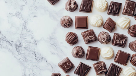 A visually appealing assortment of gourmet chocolates arranged artfully on a marble background, perfect for showcasing luxury and indulgence in desserts.の素材