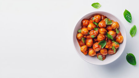 Tasty meatballs coated in rich tomato sauce, beautifully arranged in a white bowl, garnished with fresh basil leaves on a stylish, minimalist background. Perfect for food lovers.の素材