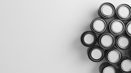 This image showcases a creative arrangement of black empty tin cans on a minimalist white background, perfect for product display and packaging concepts in various industries.の素材