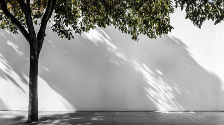 This image features a solitary tree with vibrant leaves, casting intricate shadows on a plain white wall, creating a harmonious blend of nature and minimalism in an urban setting.の素材
