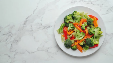 A vibrant mix of fresh broccoli and colorful bell peppers on a white plate, perfect for showcasing healthy meal options on a sleek marble background.の素材