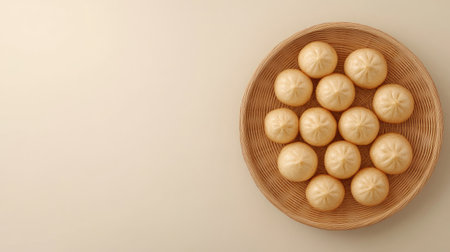A beautiful arrangement of freshly steamed soft buns showcased in a woven basket against a light background, ideal for culinary presentations and Asian cuisine themes.の素材