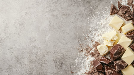 A visually appealing arrangement of assorted chocolate types, including dark, milk, and white, garnished with chocolate shavings and cocoa powder, perfect for culinary inspiration.の素材
